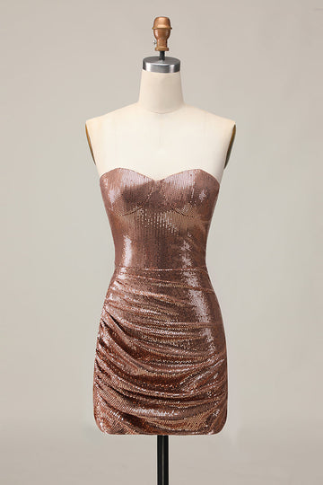 Coffee Strapless Ruched Sequined Bodycon Homecoming Dress